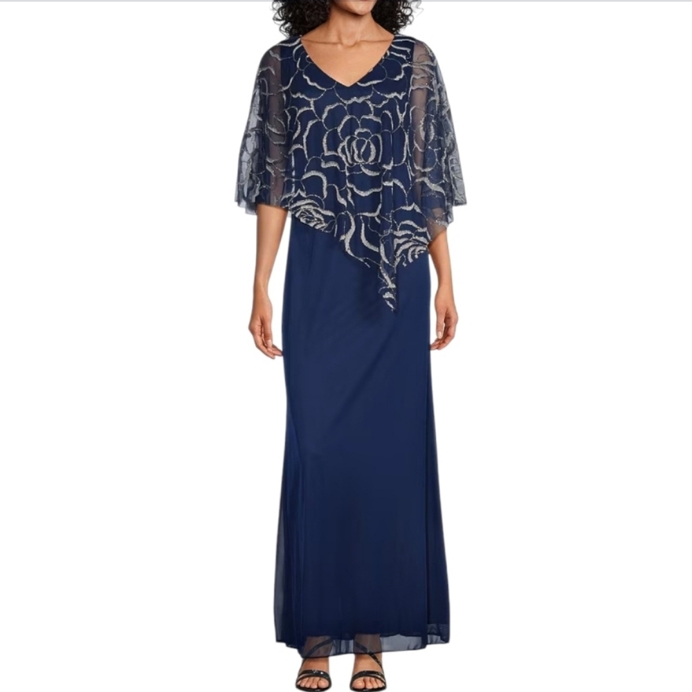 Ignite Evenings Mesh 3/4 Sleeve Asymmetrical Glitter Caplet Dress NWT
